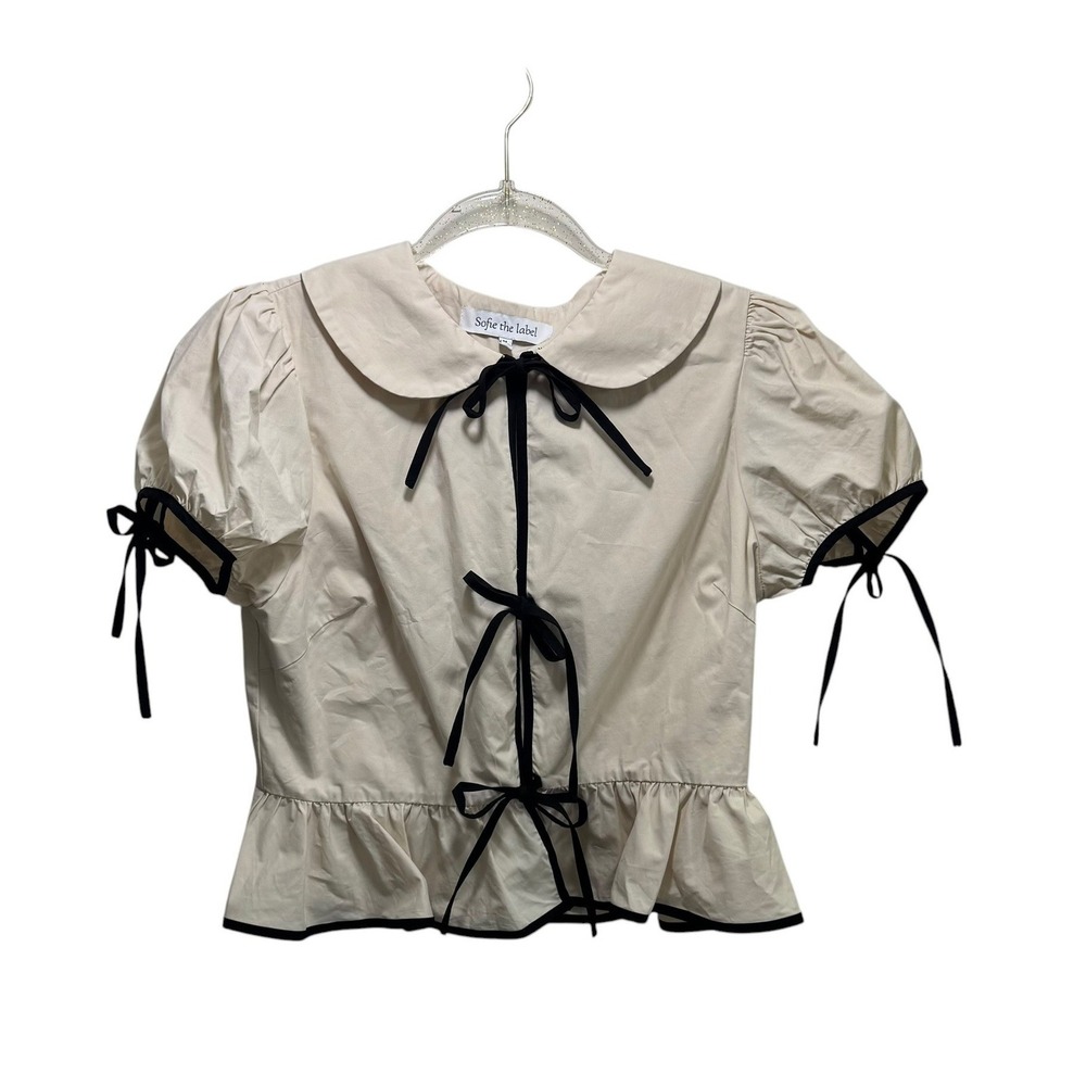 Sofie the label Coquette Milkmade PreppyCream Cotton Bow Front Peplum Blouse M